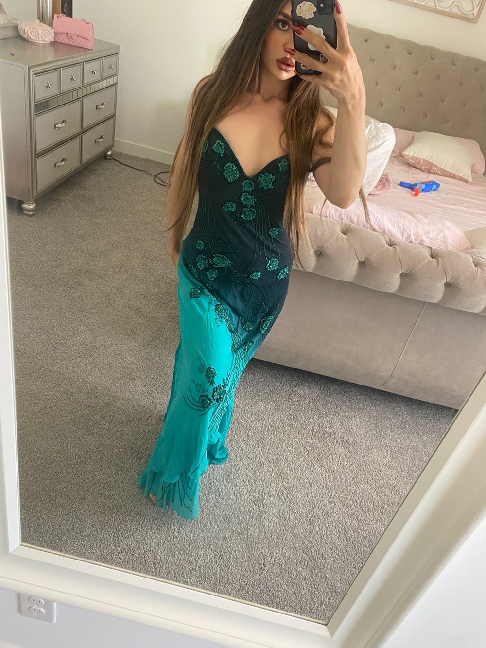 Elegant Teal Ombre Slip Dress with Floral Lace Detail